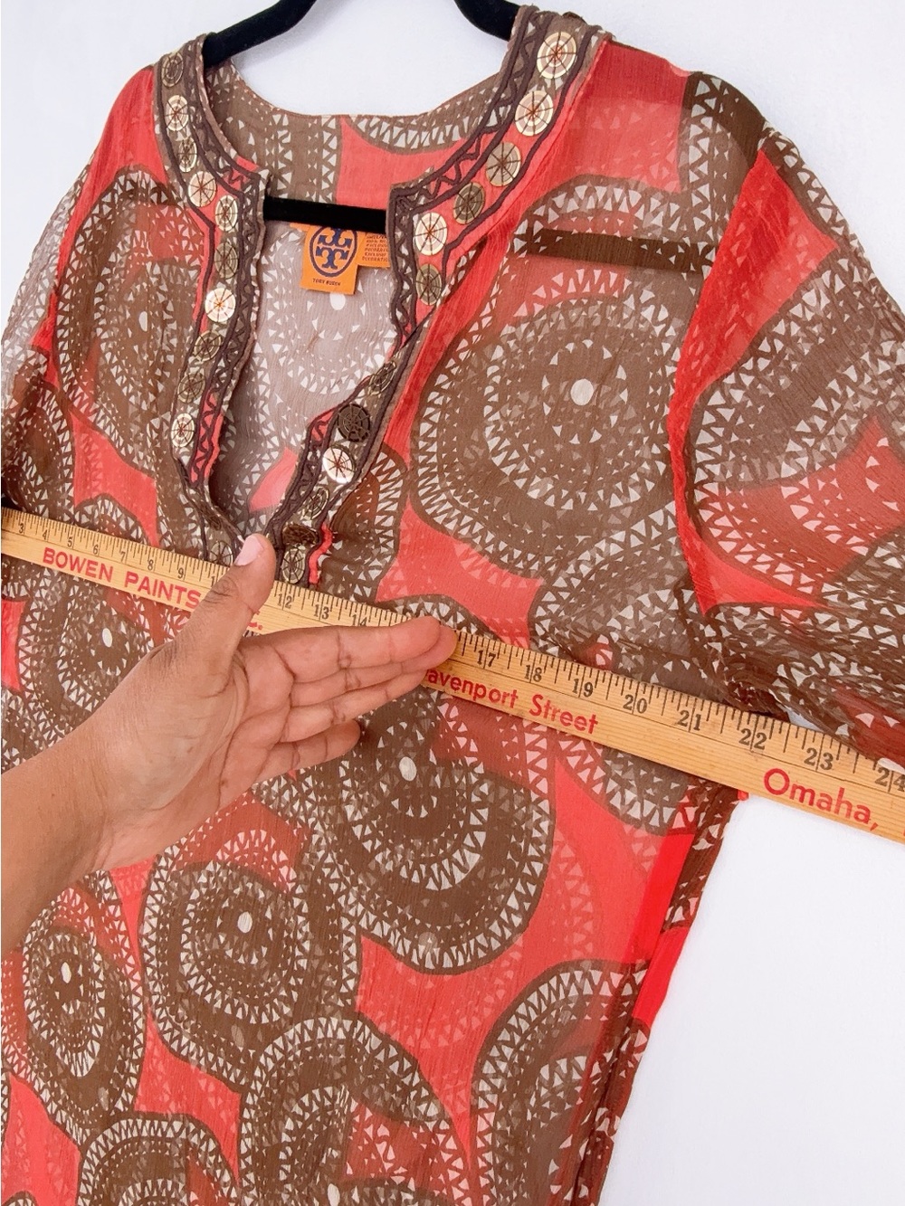 Tory Burch 100% Silk Chiffon Medallion Beaded Tunic Blouse Orange Brown size 14 - Picture 3 of 7